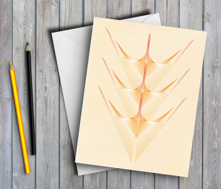 greeting card featuring a geometric pattern created with lines at varying anglesand colour gradients that look like geese wings