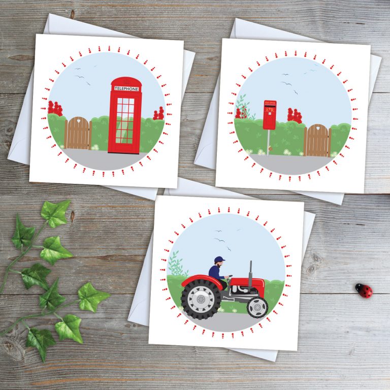 country reds greeting cards featuring a red tractor, phonebox andpost box