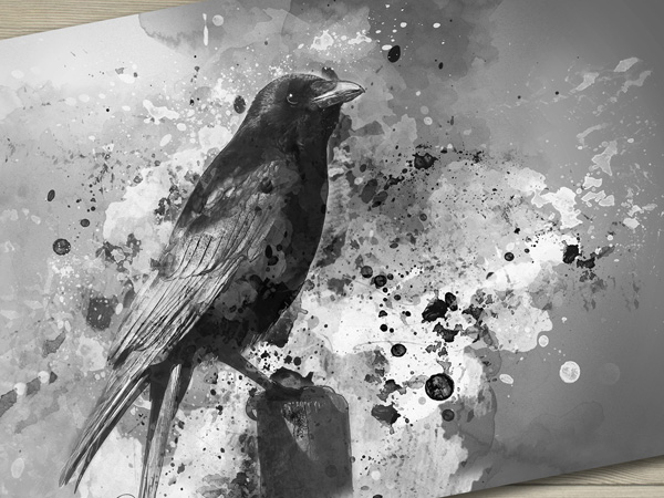 Crow art print digital artwork with watercolour effect