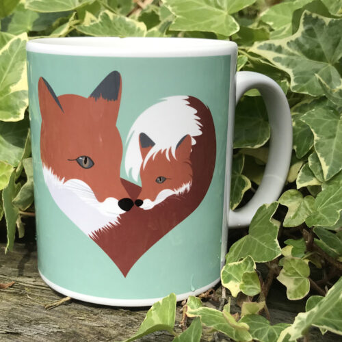 fox mug, heart shaped illustration